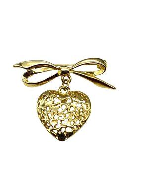 Elegant Vintage Bow Brooch with Dangling Pierced Heart Pendant, Love Lapel Pin